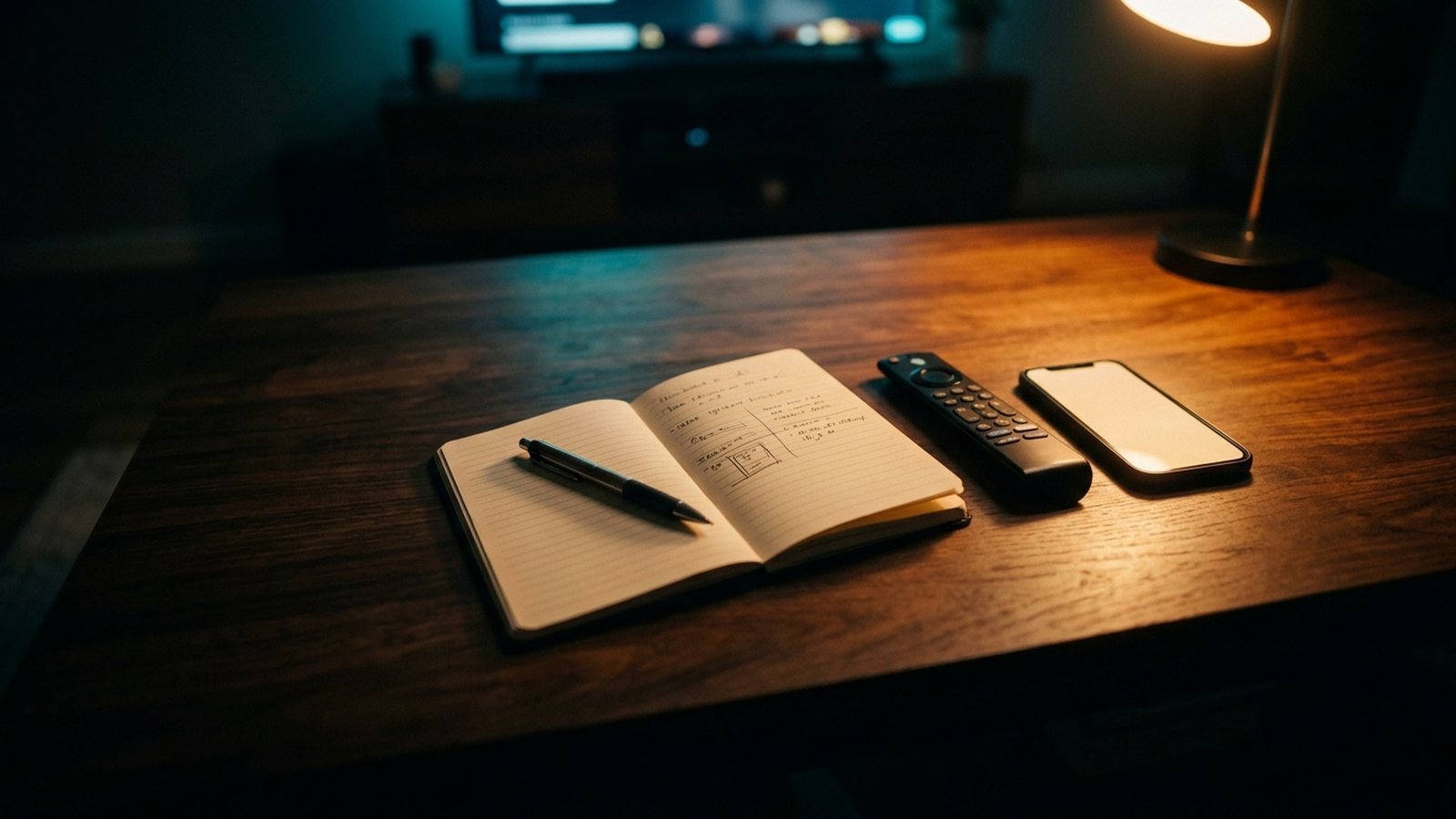 A notebook, a remote and a phone on a dark table at night, lit by a desk lamp and the glow of a television across the room