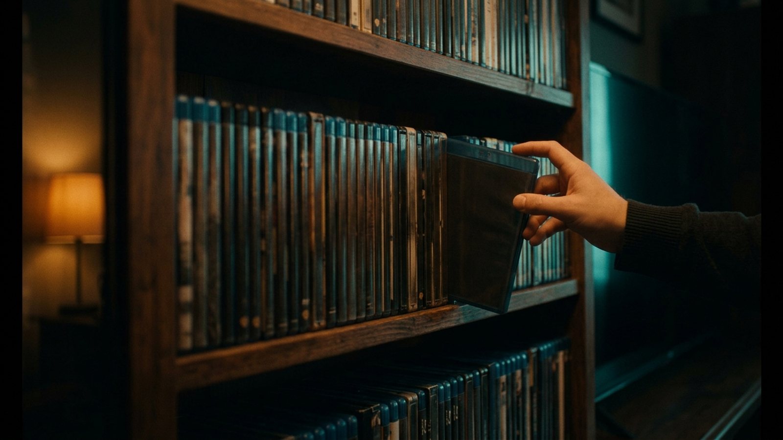 A hand pulling a case from a shelf of home video discs in a dimly lit living room