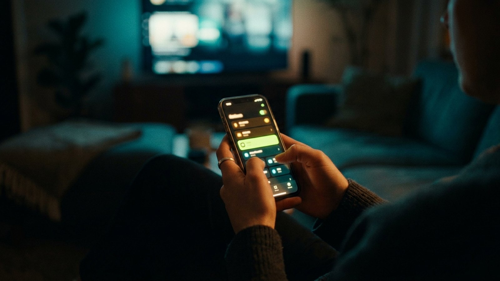 A person on a sofa at night holding a phone showing a watchlist, with a television glowing in the background