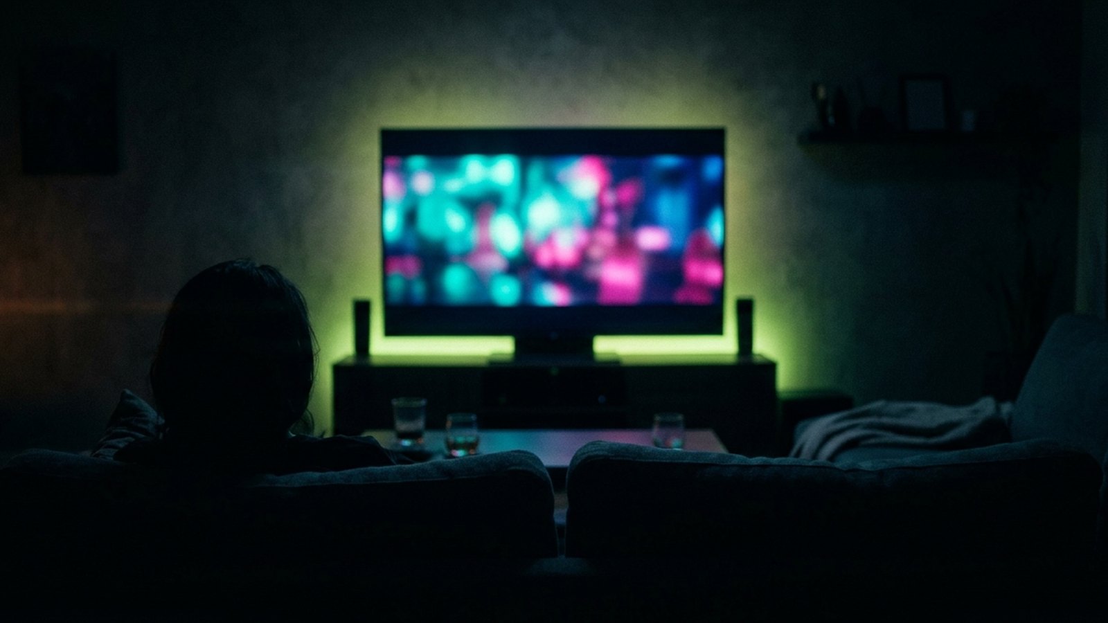 A dark living room at night lit by a large television and a lime green LED strip behind it