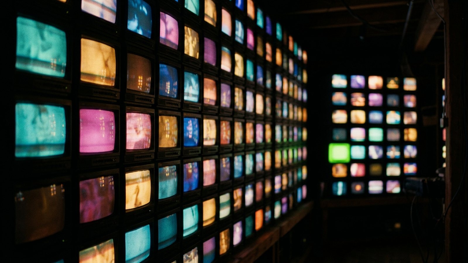 A dark wall of small television screens, each glowing a different color