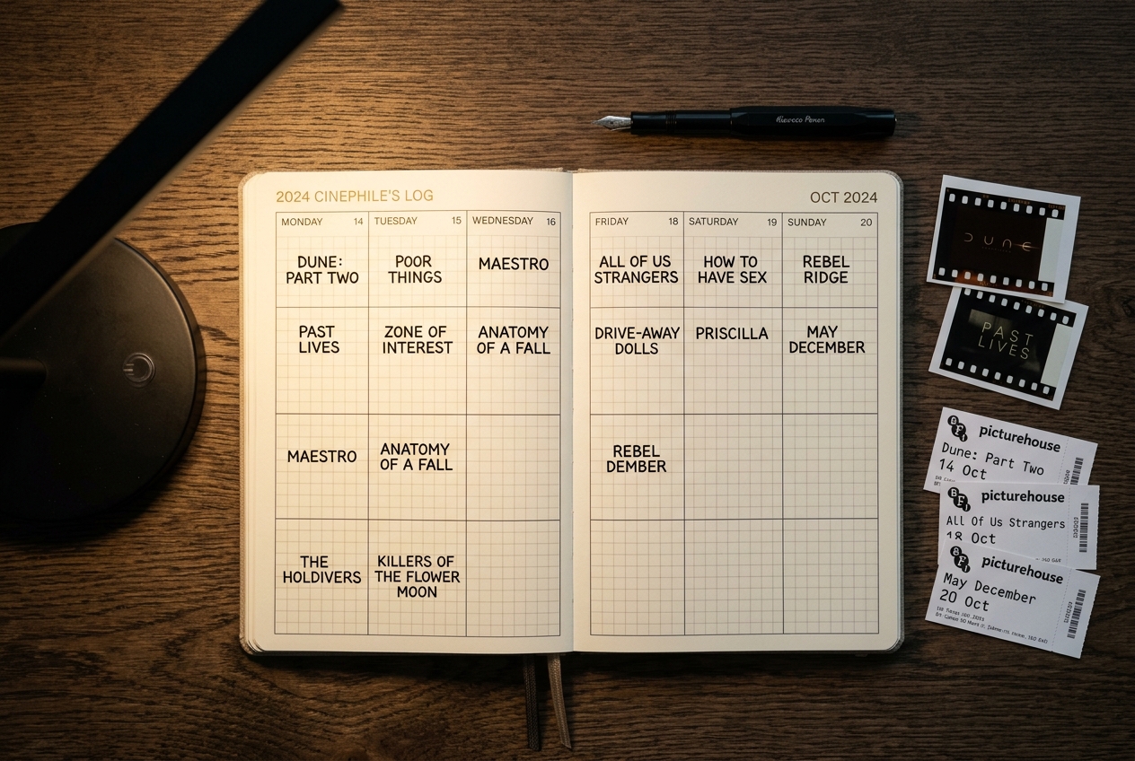 Overhead flat-lay of an open film planner with movie titles written in weekly slots, ticket stubs scattered nearby