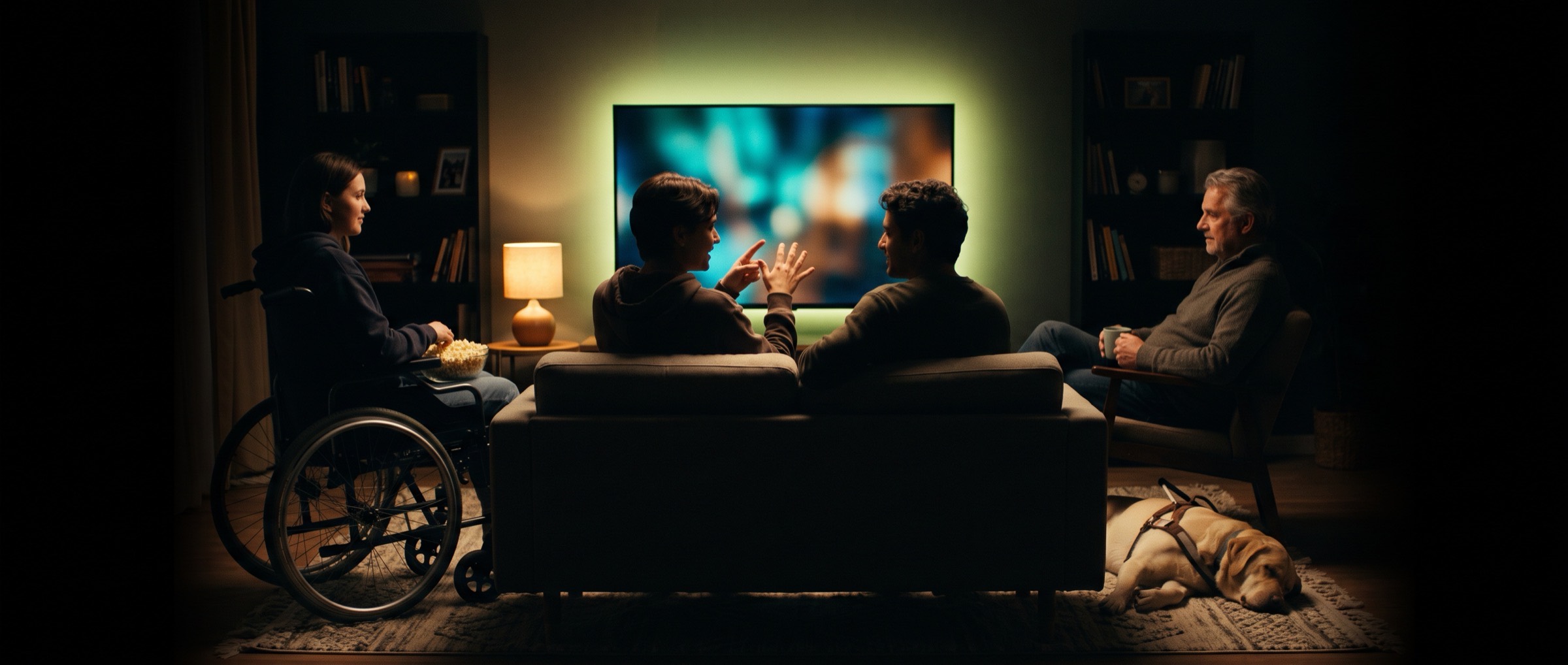Friends watching a movie together in a living room lit by the TV. A woman in a wheelchair holds a bowl of popcorn, two friends on the sofa talk in sign language, an older man sits with a mug, and a guide dog sleeps on the rug.