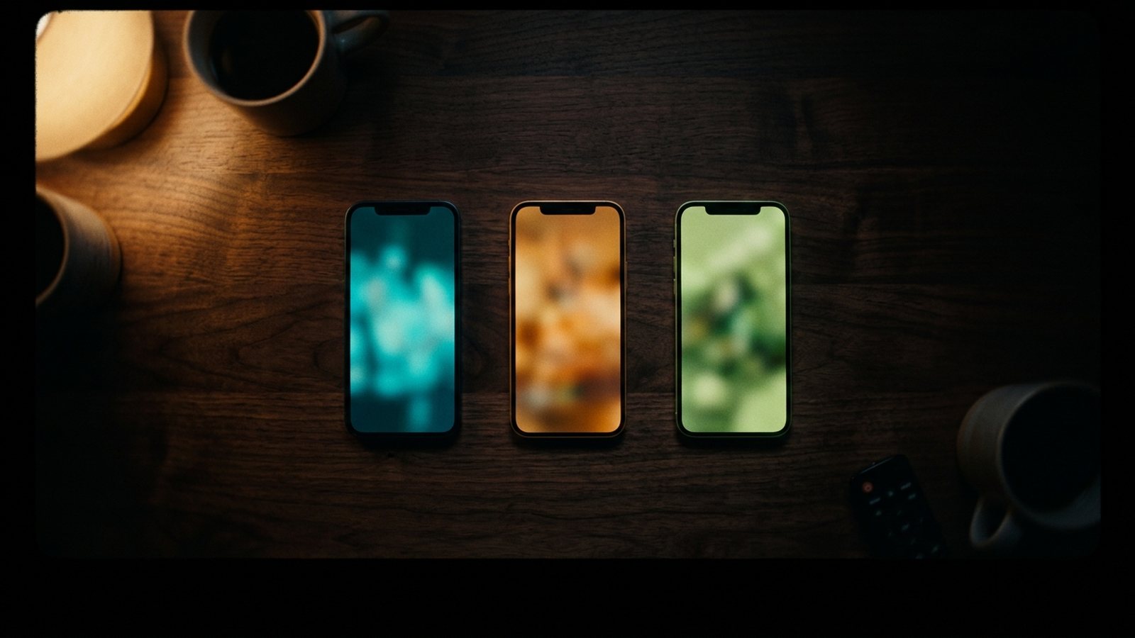 Three phones side by side on a dark table at night, each screen glowing a different color