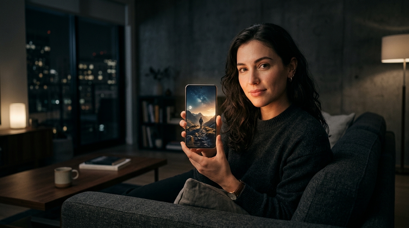 A person holds a phone showing a single film frame in a dark room, trying to identify a movie from a screenshot