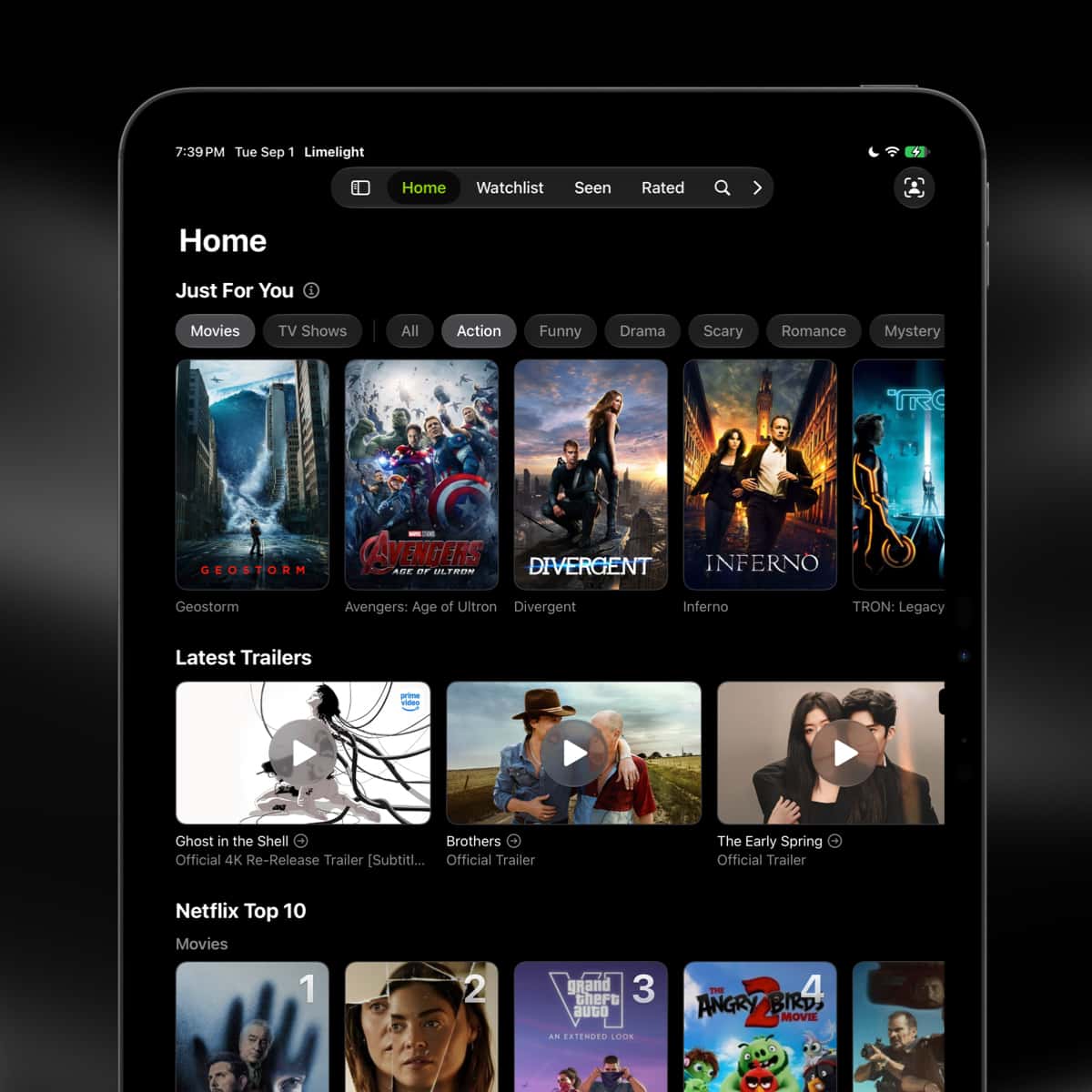 Limelight Just for you row recommending action movies, with latest trailers and the Netflix Top 10 below