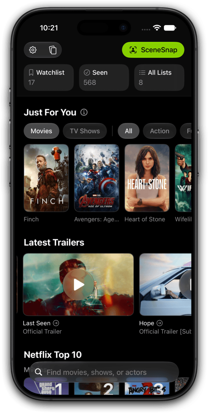 Limelight home screen with Just for you recommendations, latest trailers, and the Netflix Top 10