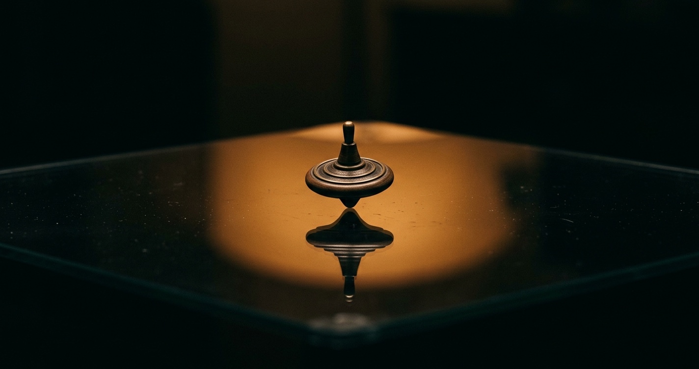 A single spinning top resting on a dark reflective glass surface, lit by a warm amber light pool