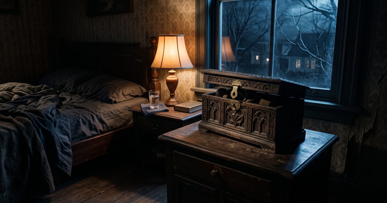 A dim bedroom at night with an old wooden toy box on a nightstand, lit by a single lamp and the blue glow of a window