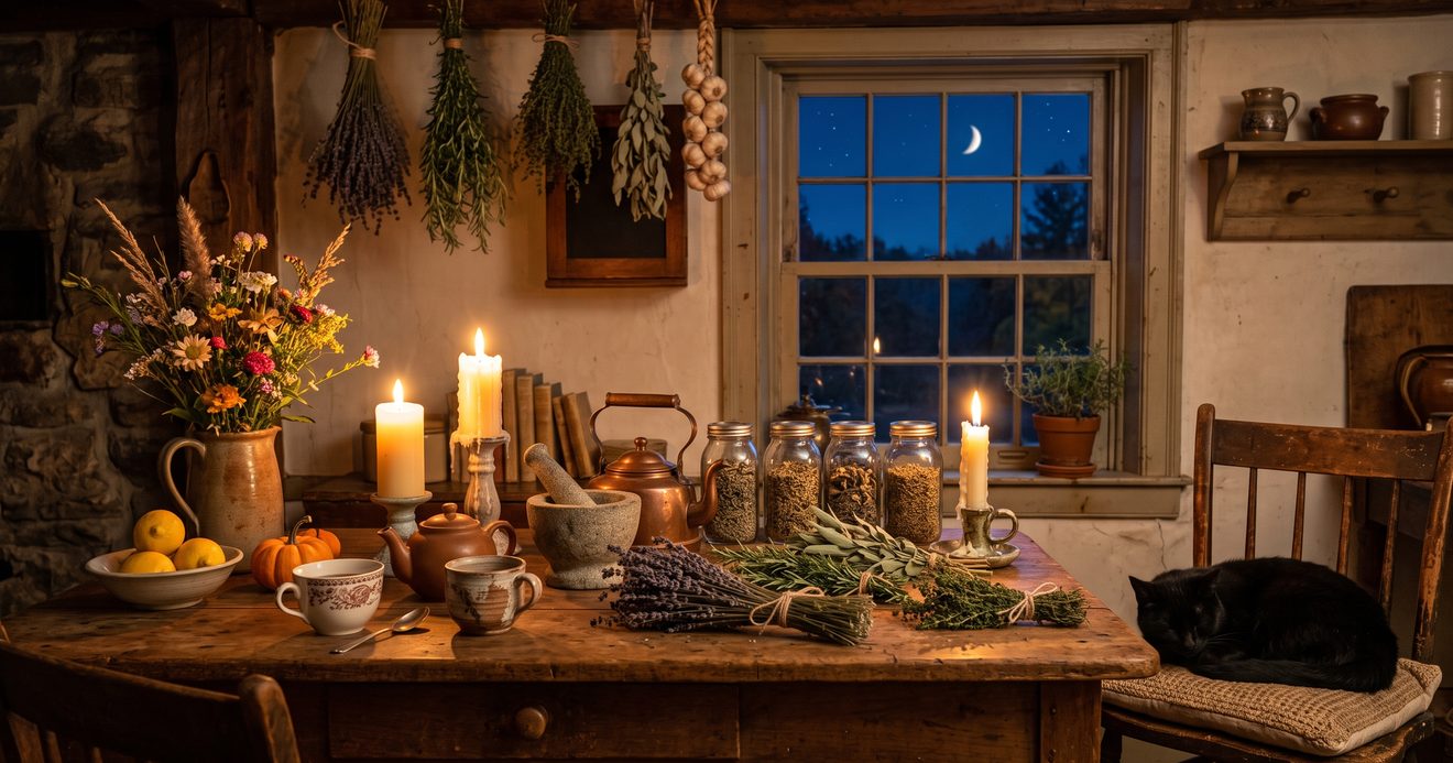 A candlelit farmhouse kitchen at night with bundles of dried herbs, a copper kettle, jars of herbs, and a black cat asleep on a chair