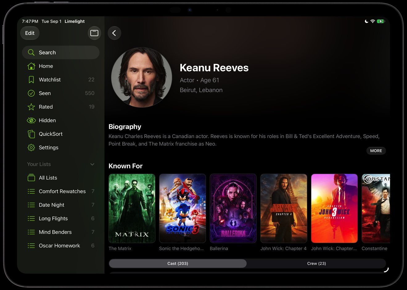 Keanu Reeves on Limelight for iPad with biography and Known For posters