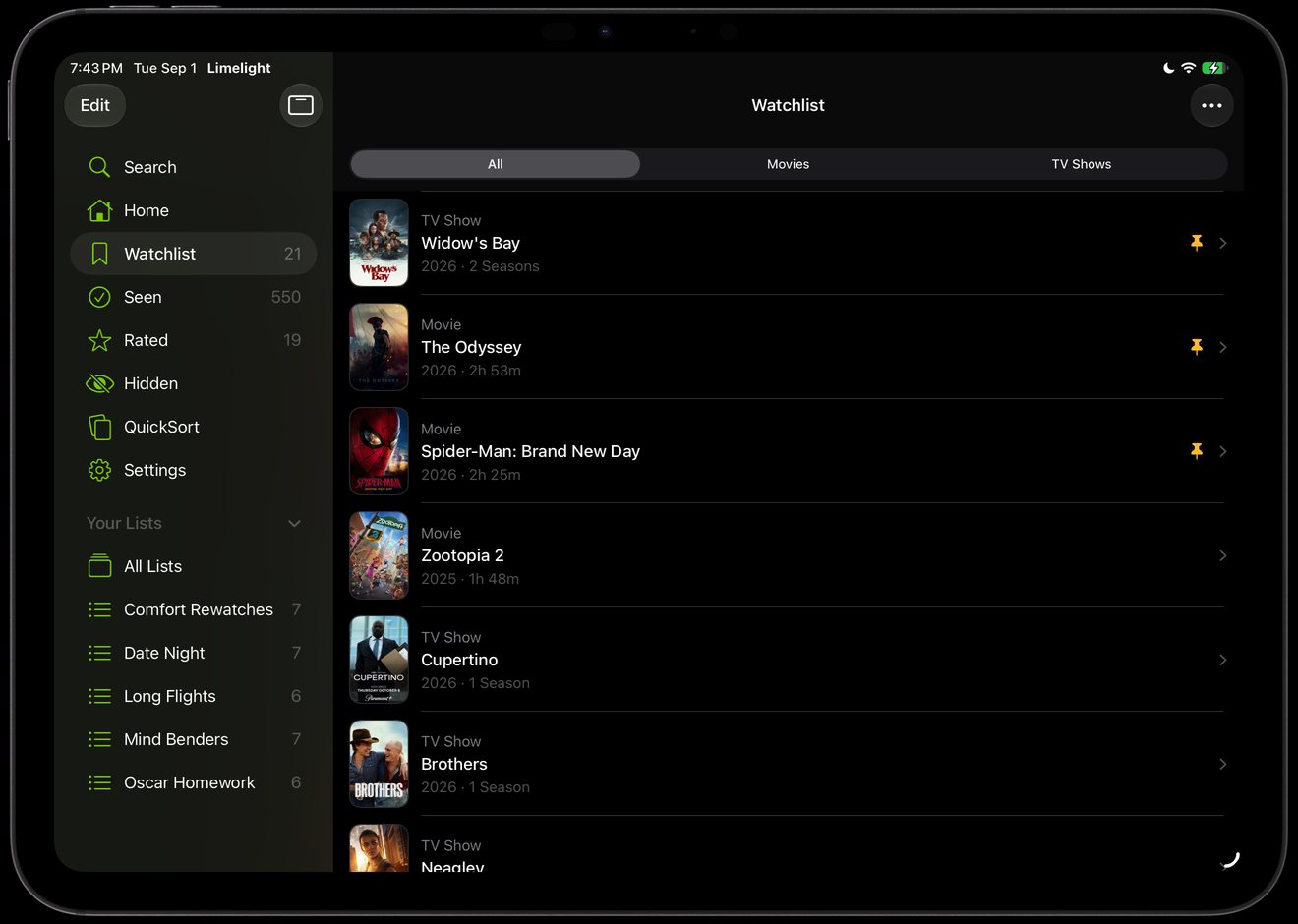 Limelight Watchlist on iPad with the sidebar open