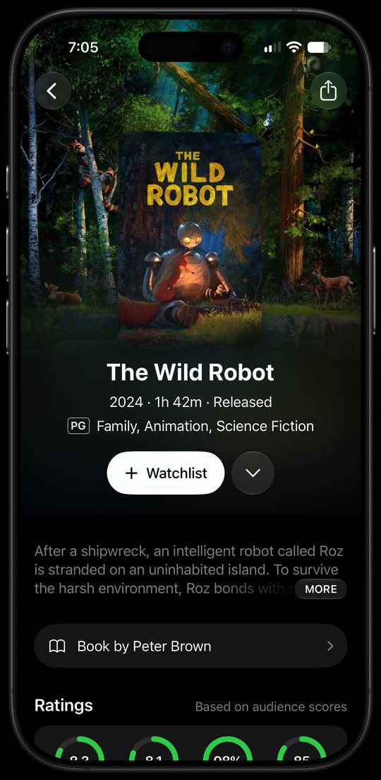 The Wild Robot detail page on iPhone with ratings from four sources and a Watchlist button