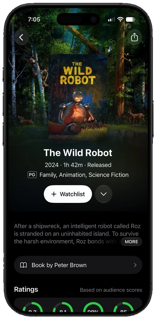 The Wild Robot detail page on iPhone with ratings from four sources and a Watchlist button
