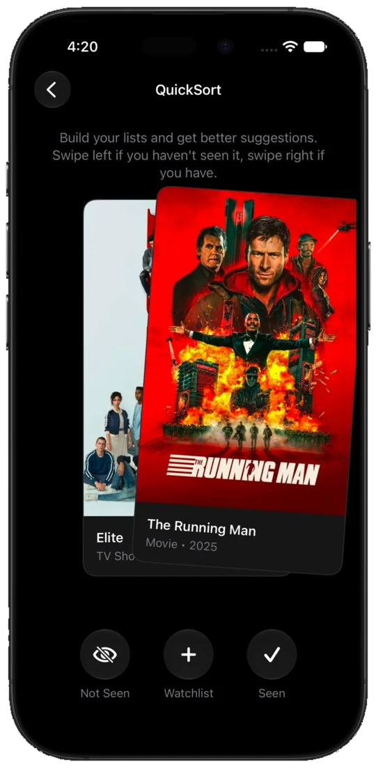 QuickSort on iPhone with a poster card ready to swipe as seen or not seen