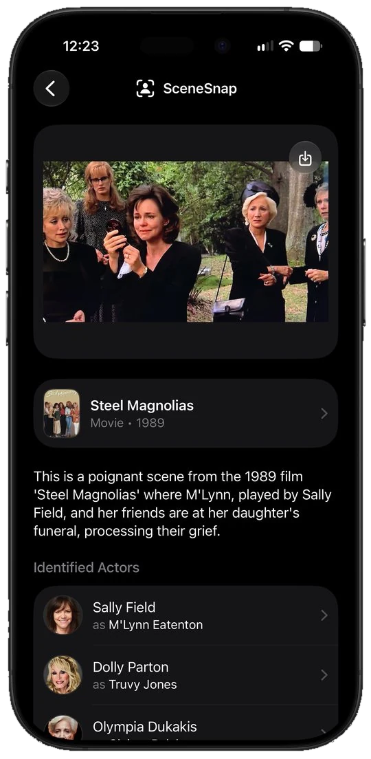 SceneSnap identifying Steel Magnolias and its actors from a clip