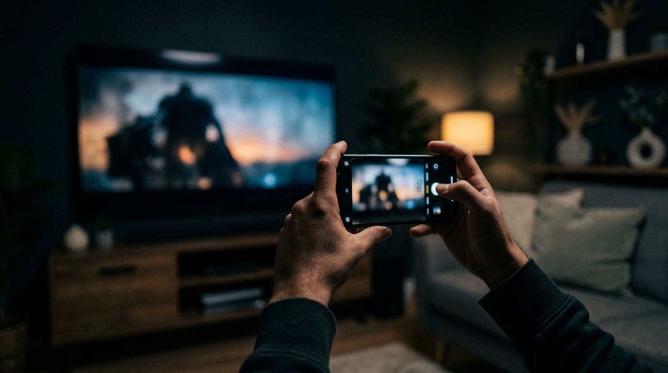 Hands holding a smartphone pointed toward a blurred TV screen showing a cinematic scene in a dark living room