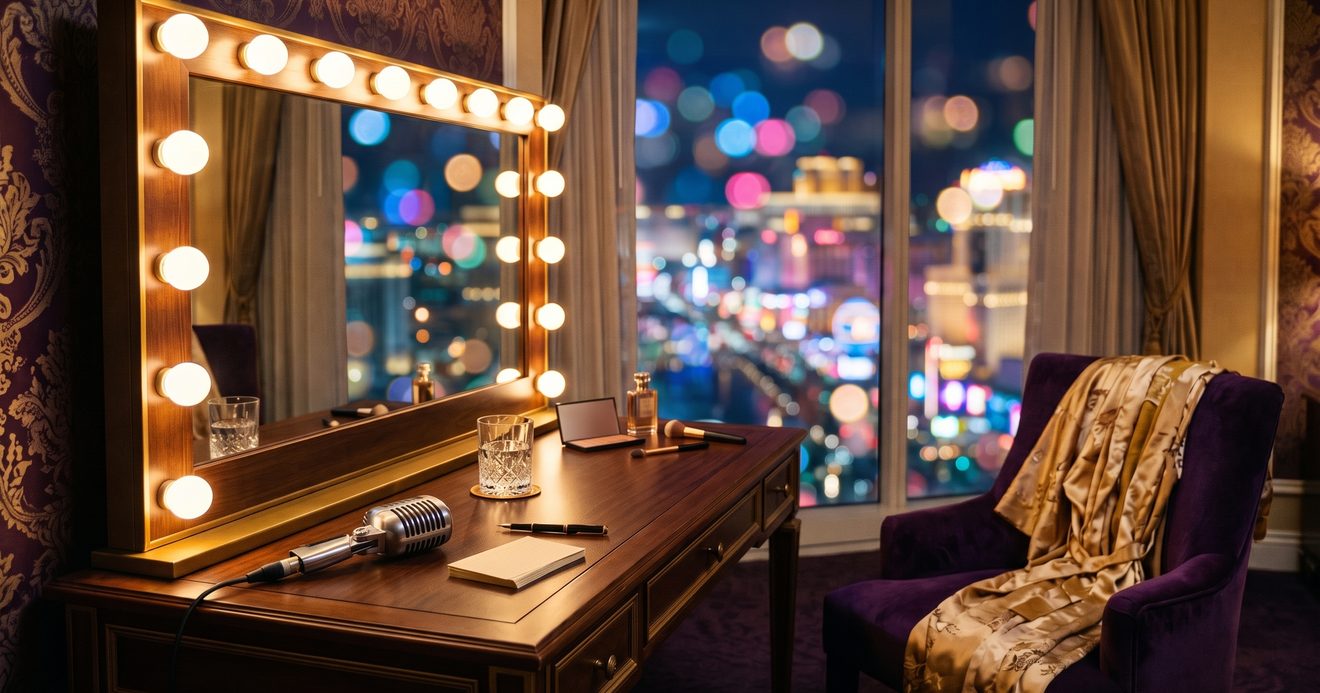 A dressing room vanity lit by a ring of bulbs, with a vintage microphone, index cards, and a glass of water, and blurred city lights through the window
