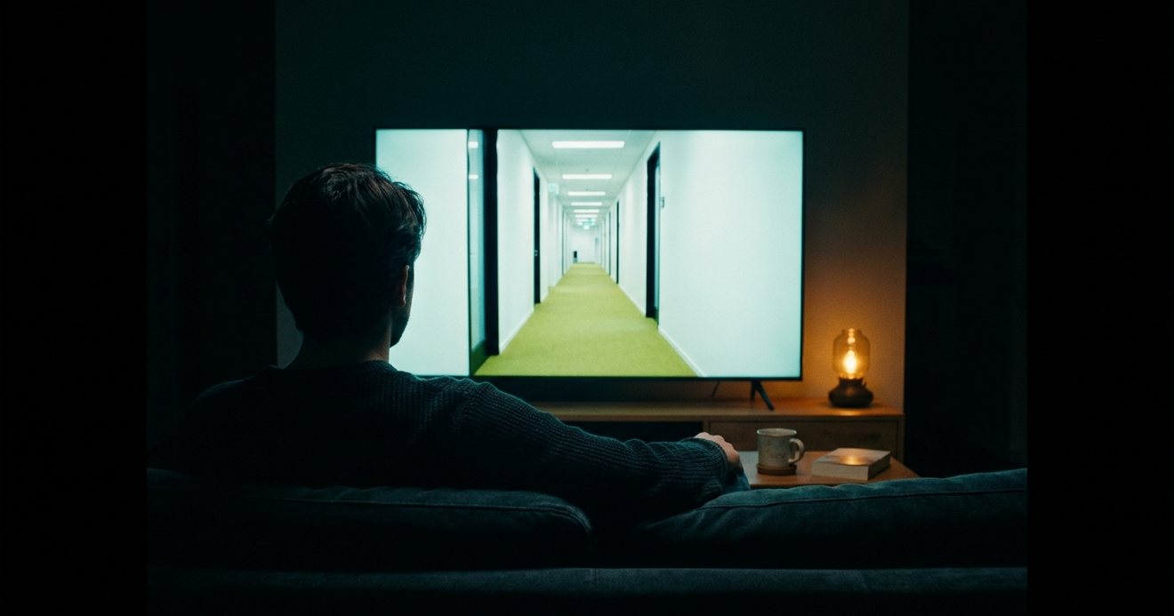 A person on a dark sofa watching a TV that shows a long white office corridor with green carpet, a warm lamp on the side table